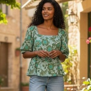 Anthropologie Nikasa Peplum Babydoll Poplin Top Medium Green Modern Boho Chic